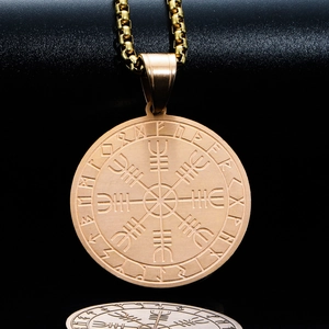 Pendentif boussole viking vintage avec runes nordiques en acier inoxydable bronze brossé