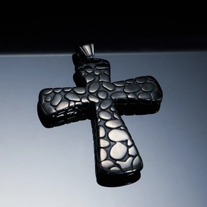 Hip hop stone textured cross pendant in black stainless steel for men's necklace