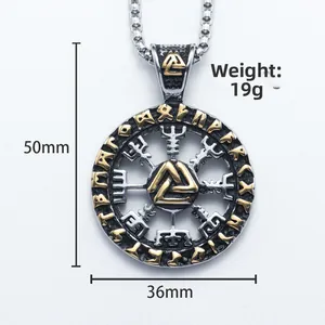 Vintage Viking Valknut pendant necklace in stainless steel with gold-plated Rune circle