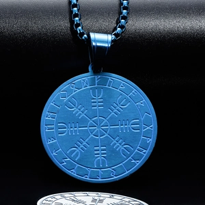 Pendentif boussole Vegvisir viking plaqué bleu avec gravures de runes nordiques