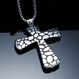 Hip hop stone texture cross pendant in stainless steel with thick square pearl chain