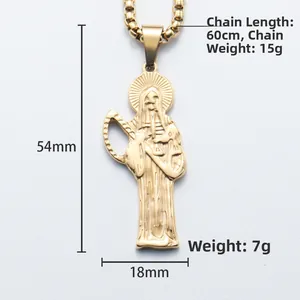 Gothic gold Santa Muerte scythe pendant necklace in stainless steel, dimensions included