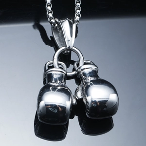 Collier hip hop avec pendentif double gant de boxe en acier poli et chaîne box argentée
