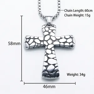 Hip hop style silver stainless steel cross pendant necklace with stone textured finish