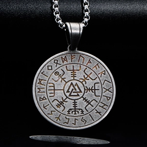 Nordic Viking compass pendant necklace with Vegvisir symbols and rune carvings