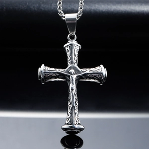 Retro Stainless Steel Jesus Cross Pendant Necklace Vintage Engraved Mythology Medallion For Men Gothic Jewelry Double Sided Relief Accessory