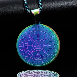 Rainbow stainless steel Viking compass necklace with Valknut and runic engravings