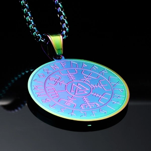 Rainbow plating viking vegvisir compass pendant necklace made of stainless steel