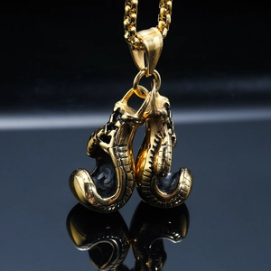 Pendentif gants de boxe double en acier inoxydable doré style hip hop avec chaîne