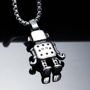 Collana con ciondolo a forma di robot industriale retrò in acciaio argento vintage