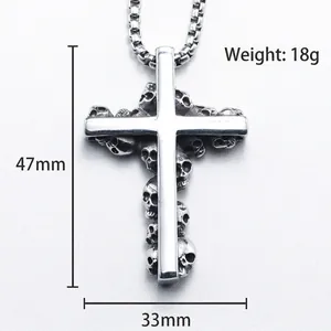 Gothic punk skull cross pendant necklace in vintage silver steel for men and women