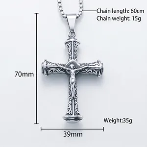 Vintage stainless steel cross necklace with religious figure carving and box chain