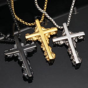 Punk Gothic Stainless Steel Skull Cross Pendant Necklace For Men Women Hip Hop Polished Metal Cross Necklace Jewelry Gift