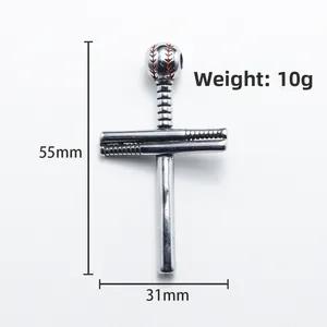 Polished stainless steel baseball cross pendant necklace with bat details and dimensions