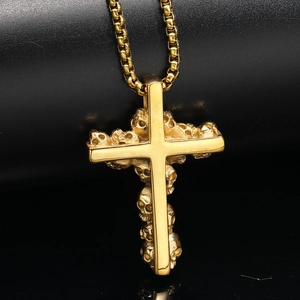 Gothic punk gold skull cross pendant necklace made of stainless steel with box chain