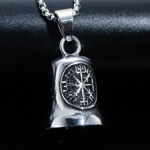 Vintage Viking Vegvisir compass bell pendant in silver titanium steel with chain