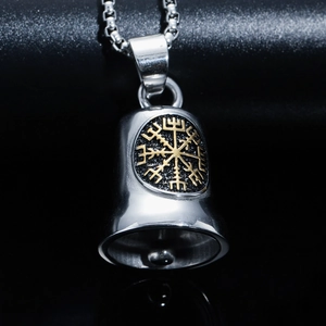 Viking compass bell pendant in polished stainless steel with a vintage gold Vegvisir symbol