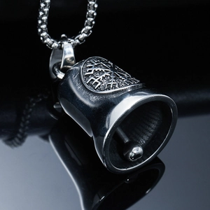 Viking compass bell pendant in vintage stainless steel with silver finish and bead chain