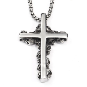 Gothic punk crow skull cross pendant necklace in vintage stainless steel with box chain