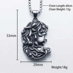 Pendentif Méduse rétro en acier inoxydable avec cheveux de serpent et chaîne de 60cm