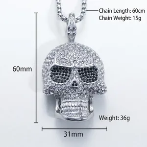 Hip hop punk large skull pendant with crystals on stainless steel necklace
