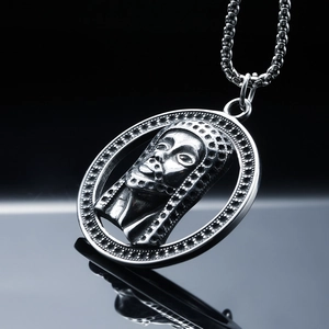 Vintage stainless steel Egyptian pharaoh pendant necklace with box chain for men