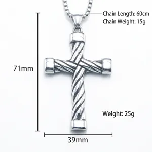 Collier croix en acier inoxydable poli avec texture torsadée sur chaîne box