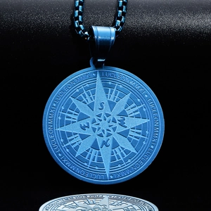 Collar con colgante de brújula de acero inoxidable azul oscuro y estrella náutica