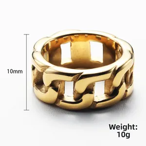Gold hollow chain stainless steel ring 10mm width minimalist style for women men