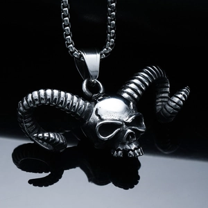 Vintage punk goat skull pendant necklace in black stainless steel with box chain