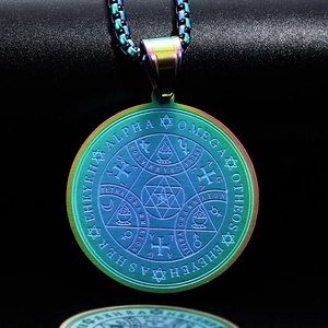 Regenbogen-Edelstahl-Rundanhänger mit graviertem Hexagramm und mystischen Symbolen