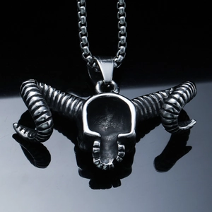 Gothic stainless steel ram skull necklace with black box chain for punk style jewelry
