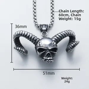 Retro stainless steel horned skull pendant necklace with box chain for punk style