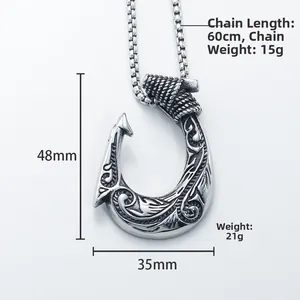 Vintage-Fischhaken-Anhänger aus Edelstahl mit feinen Wikinger-Gravuren und langer Kette