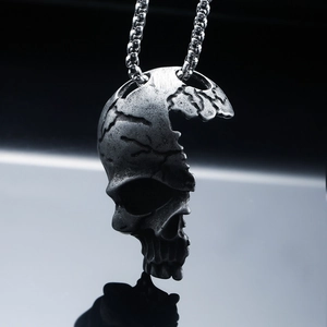 Hip hop style half skull stainless steel pendant necklace in vintage silver finish