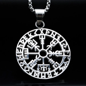Vintage silver Viking compass necklace with runes in stainless steel on black background