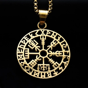 Golden Nordic Viking Vegvisir compass pendant necklace with Rune engravings on box chain