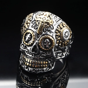 Gothic Punk Skull Ring Stainless Steel Titanium Steel Engraved Cross Two Tone Jewelry For Men Halloween Party Hip Hop Rock