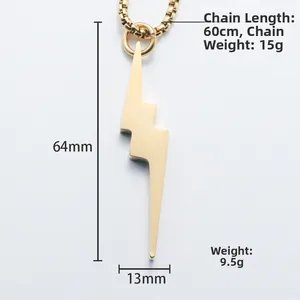 Collier pendentif éclair doré en acier inoxydable avec spécifications de taille et poids