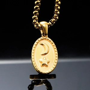 Vintage Stainless Steel Gold Plated Oval Star Moon Pendant Necklace Minimalist Embossed Celestial Commuter Daily Jewelry