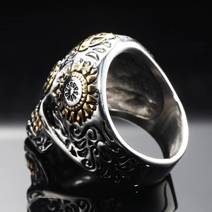 Gothic punk skull ring in stainless steel with vintage sunflower carvings and gold accents