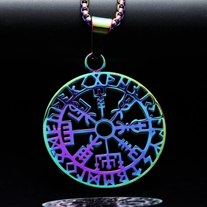 Macro detail of rainbow stainless steel Viking Vegvísir compass pendant with runes