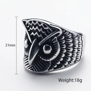 Punk eagle owl ring in vintage stainless steel finish, 21mm height and 18g weight