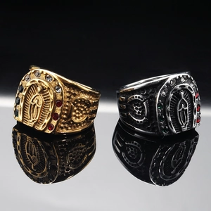 Vintage Religious Virgin Mary Stainless Steel Ring For Men Horseshoe Rhinestone Inlaid Hip Hop Punk Jewelry Finger Ring