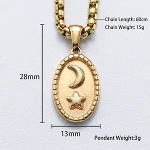 Gold stainless steel oval pendant necklace with moon and star relief and box chain