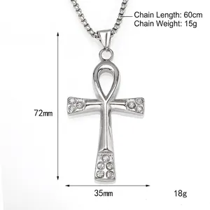 Silver stainless steel Ankh cross necklace with clear stones, pendant size 72x35mm