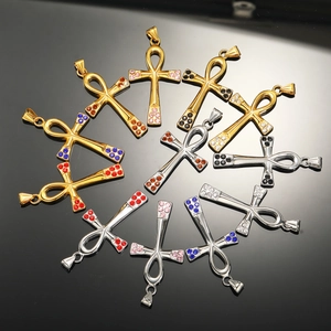 Vintage Egyptian Ankh Cross Pendant Necklace Stainless Steel Key Of Life Jewelry Rhinestone Inlaid Religious Accessories