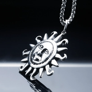 Punk style stainless steel sun god face pendant necklace with vintage oxidized finish