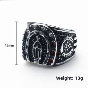 Vintage religious stainless steel ring with Virgin Mary icon and colorful stones 18mm 13g