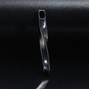 Minimalist twisted spiral bar pendant in polished stainless steel for men on black background